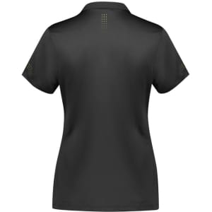 A women's short sleeve polo shirt in black with a subtle logo and detailed stitching on the back.