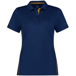 A navy blue women's short sleeve polo shirt with yellow accents and branding on the collar.