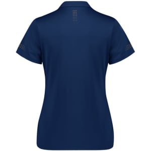 A women's short sleeve polo shirt in navy blue, featuring a logo and decorative detailing on the sleeves.