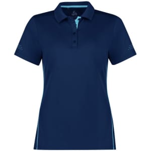 A women's short sleeve polo shirt in navy blue with light blue accents and a logo on the chest.