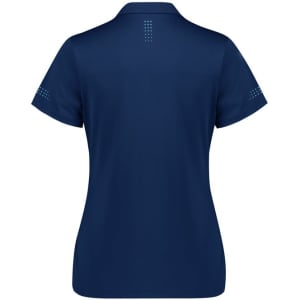 A women's short sleeve polo shirt in navy blue with a subtle logo and dotted design on the shoulders.