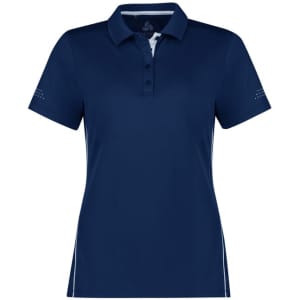 A navy blue women's polo shirt featuring a collar, button placket, and logo detailing on the sleeves.