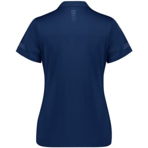 A navy women's short sleeve polo shirt with a subtle logo and decorative detailing on the sleeves.