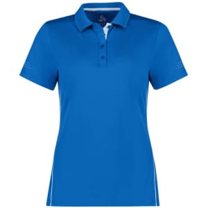 A blue women's short sleeve polo shirt with a collar and a logo. It features decorative detailing on the sleeves.