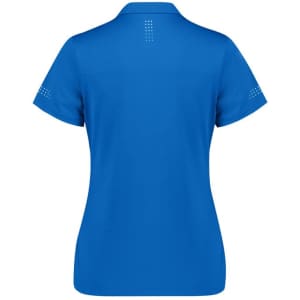 A women's short sleeve polo shirt in bright blue with a subtle logo and pattern detail on the sleeves and back.