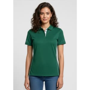 A green women's short sleeve polo shirt with a collar and branding, paired with light blue jeans.