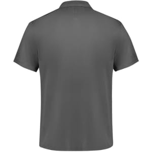 A grey men's short sleeve polo shirt with a logo, featuring a simple, minimalist design.