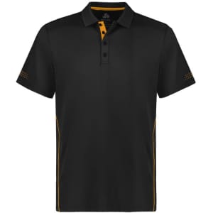 A black short sleeve polo shirt with yellow accents and a logo on the chest.
