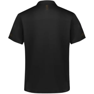 A black short sleeve polo shirt featuring detailing on the sleeves and back, with a logo present.