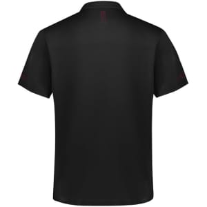 A black short sleeve polo shirt featuring a logo and textured detailing on the shoulders and back.