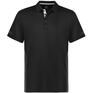 A black men's short sleeve polo shirt with a contrasting collar and side detailing, featuring a logo.