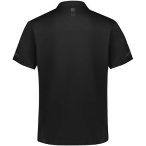 A black men's short sleeve polo shirt with a simple design and subtle branding on the back and sleeves.
