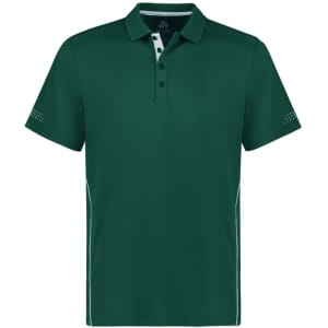 A green short sleeve polo shirt featuring a collar, with a logo and contrasting details on the sides.