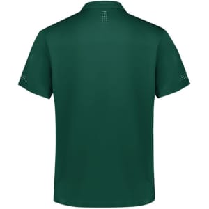 A green men's short sleeve polo shirt featuring a logo and detailed stitching on the back and sleeves.