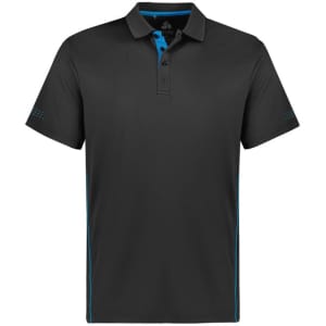 A black short sleeve polo shirt with turquoise accents and a logo on the chest.