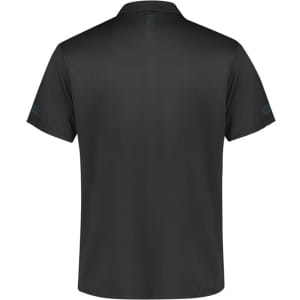 A black short sleeve polo shirt featuring a subtle pattern on the back and branding on the sleeves.