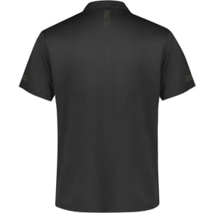 A black short sleeve polo shirt featuring a logo and dotted design on the back and sleeves.