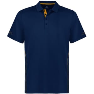 A navy blue short sleeve polo shirt featuring yellow accents and a logo on the chest.