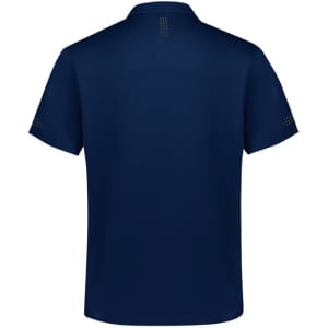 A navy blue men's polo shirt featuring short sleeves and a subtle logo on the back.