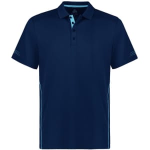 A navy blue men's short sleeve polo shirt with a subtle logo and light blue accents on the collar and sides.