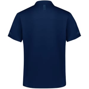 A navy blue short sleeve polo shirt featuring a logo and decorative details on the sleeves and back.
