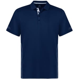 A navy short sleeve polo shirt featuring a collar, buttons, and a logo on the chest.