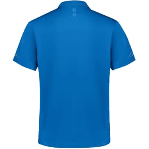 A blue men's short sleeve polo shirt featuring a logo and subtle design elements on the sleeves.