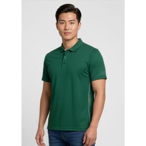 A green men's polo shirt with short sleeves and a logo on the sleeve.