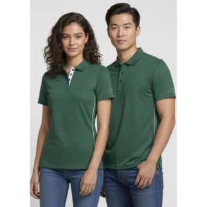 A green women's short sleeve polo shirt with a collar and logo, paired with a male model in a matching green shirt.