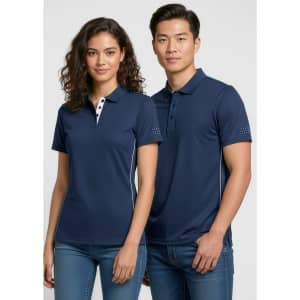 A navy blue women's polo shirt featuring short sleeves, with a subtle logo and contrasting details.