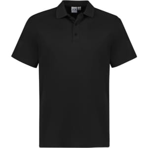 A black short sleeve polo shirt featuring a collar and a logo on the chest area.