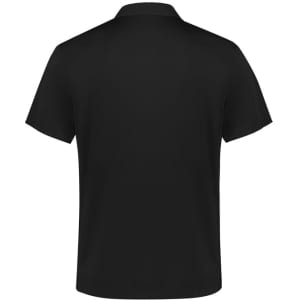 A black short sleeve polo shirt with a classic collar and a logo on the chest.