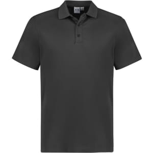 A dark grey kids' short sleeve polo shirt with a collar and buttons. It features a logo on the front.