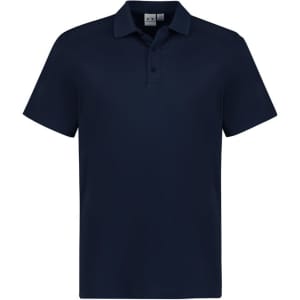 A navy short sleeve polo shirt featuring a collar and a logo on the chest. Suitable for kids.