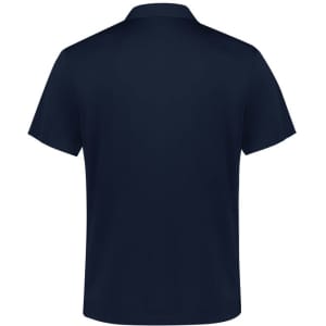 A navy blue short sleeve polo shirt with a smooth finish and a logo on the front.