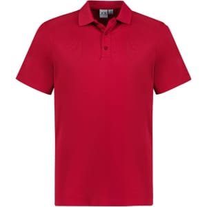 A red short sleeve polo shirt featuring a collar and a logo on the chest.