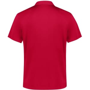 A red short sleeve polo shirt with a smooth fabric finish and a collar, featuring a logo on the front.
