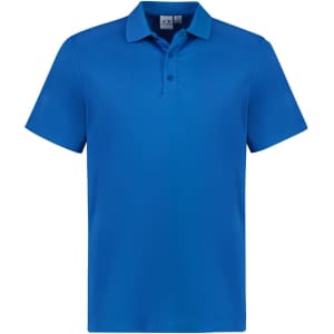 A bright blue short sleeve polo shirt featuring a collar and a logo.