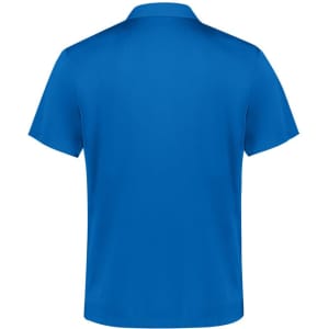 A blue short sleeve polo shirt with a collar and branding detail on the back.