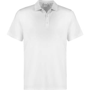 A white short sleeve polo shirt featuring a collar and a logo on the chest.
