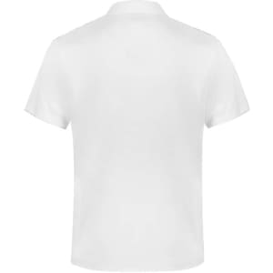 A white short sleeve polo shirt with a plain back and a small logo on the chest.