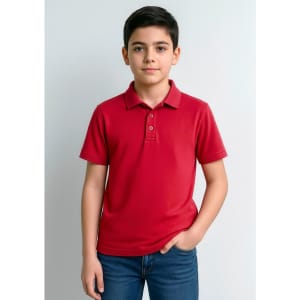 A red short sleeve polo shirt for kids, featuring a collar and three-button placket, worn by a young boy.