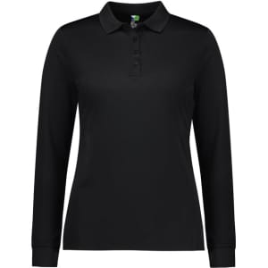 A women's long sleeve polo shirt in black, featuring a collar and buttoned placket, with a logo.