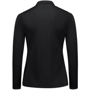 A black long sleeve polo shirt featuring a classic collar and a logo on the chest.