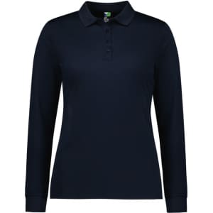 A women's long sleeve polo shirt in navy blue with a collar and button placket, featuring a logo.