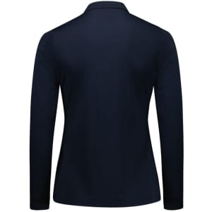 A long sleeve polo shirt in navy blue with a collar and a logo on the back.
