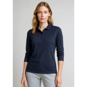 A women's long sleeve polo shirt in navy blue with a collar and button detailing, featuring a logo on the chest.