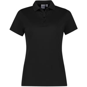 A short sleeve women's polo shirt in black, featuring a classic collar and a button placket. It has a logo on it.