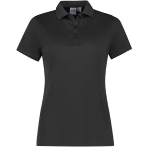 A women's short sleeve polo shirt in black, featuring a classic collar and button placket. It has a logo on the chest.