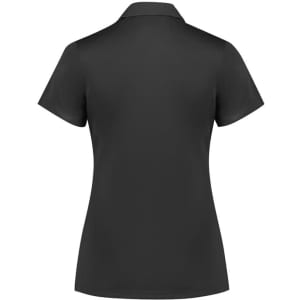 A women's black short sleeve polo shirt with a classic collar and a plain back, featuring a logo.